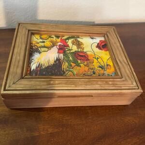 Vintage 1980s Wooden Keepsake Box with Reversible Rooster Artwork